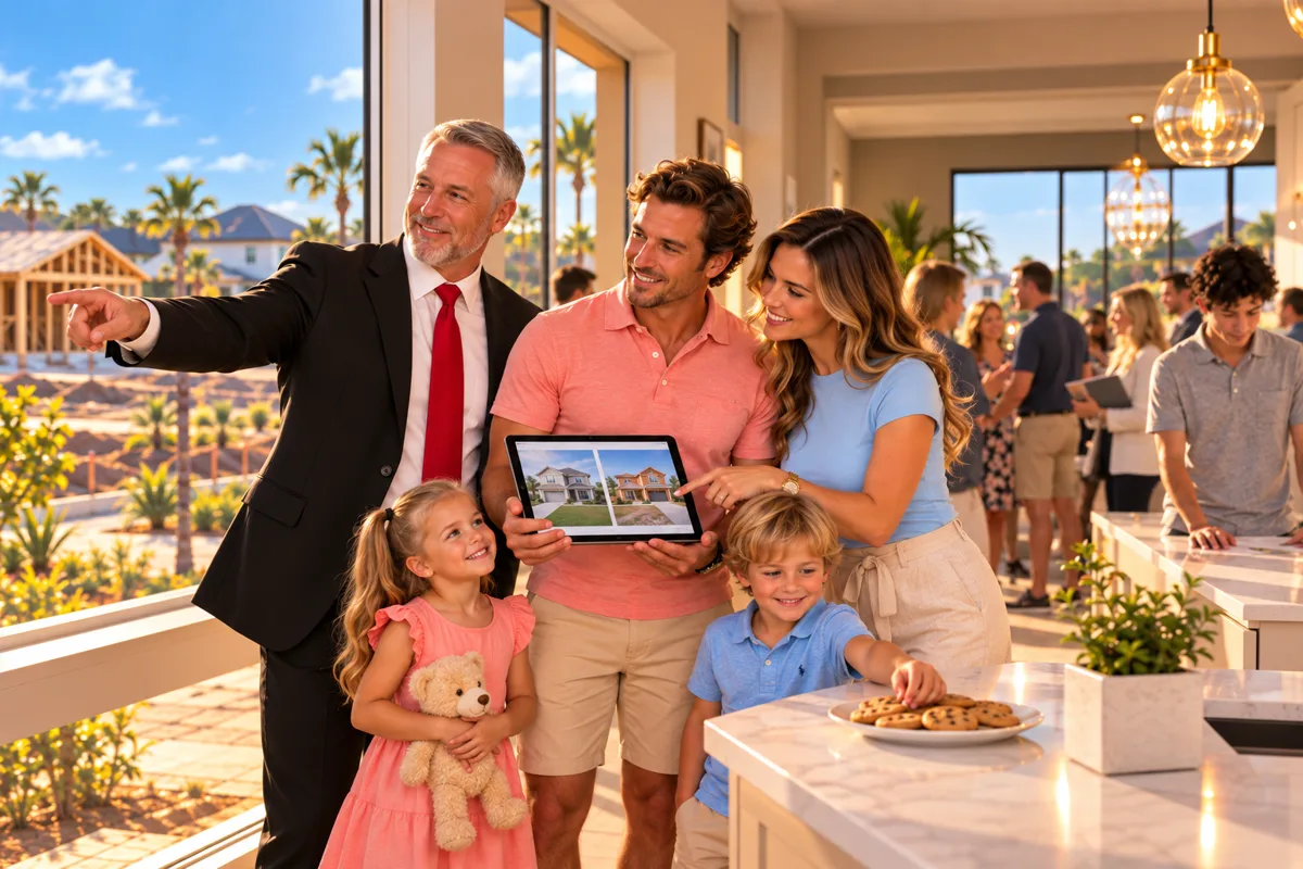 A BuilderBuyer+ specialist points out homesites to a family comparing two homes on a tablet in a model home